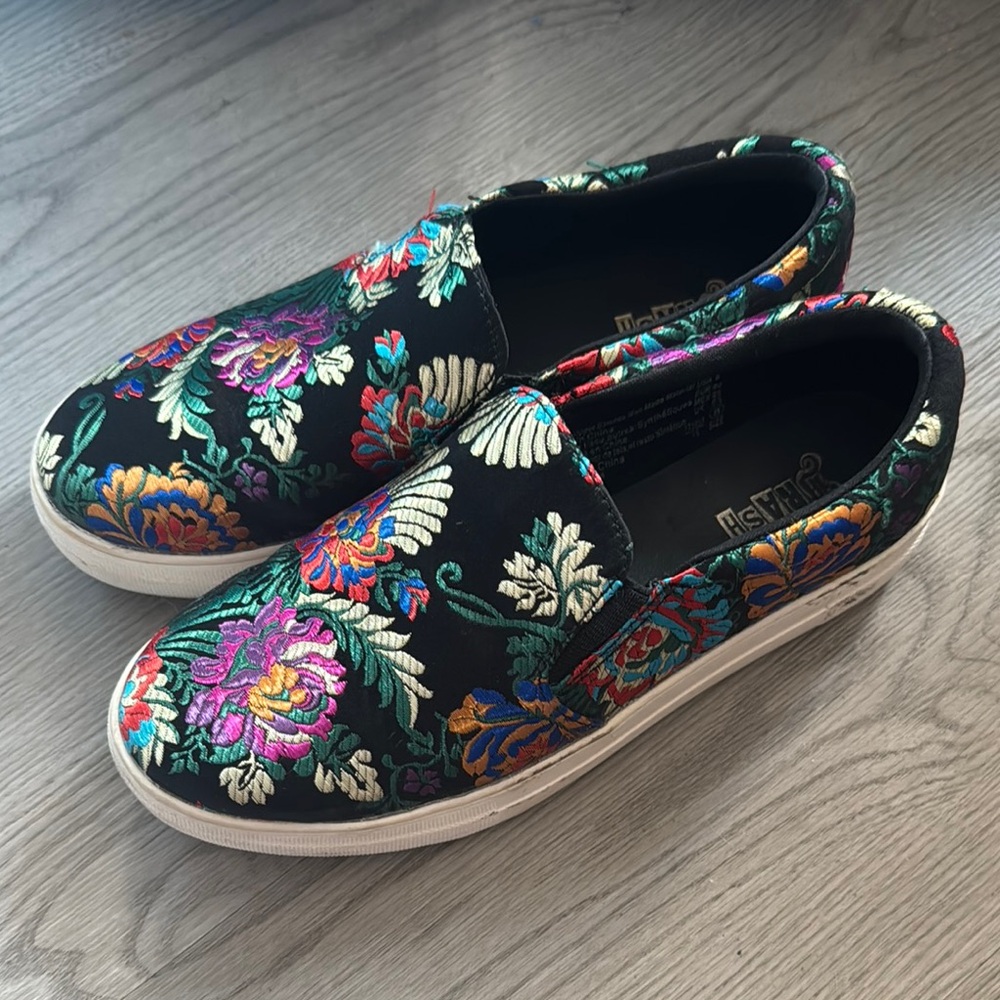 Brocade Floral Embroidered Jacquard Black Slip On Skateboard Sneakers